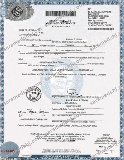 USA Nevada state marriage certificate template in PSD format